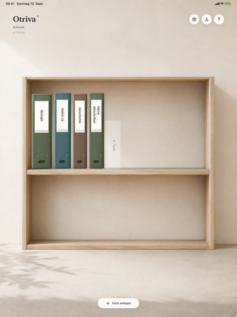 Otriva-App: Fächer als Ordner im Holzschrank.
